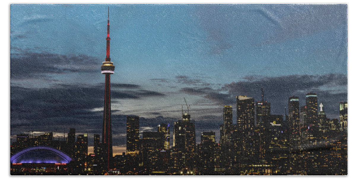 Cn Tower Hand Towel featuring the photograph CN Tower Dusk as Seen From Center Island by Matthew Bamberg