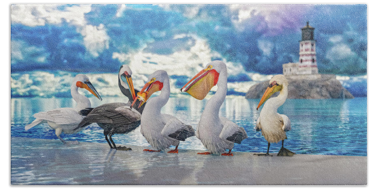 Pelican Hand Towel featuring the digital art Coastal Pelicans by Betsy Knapp