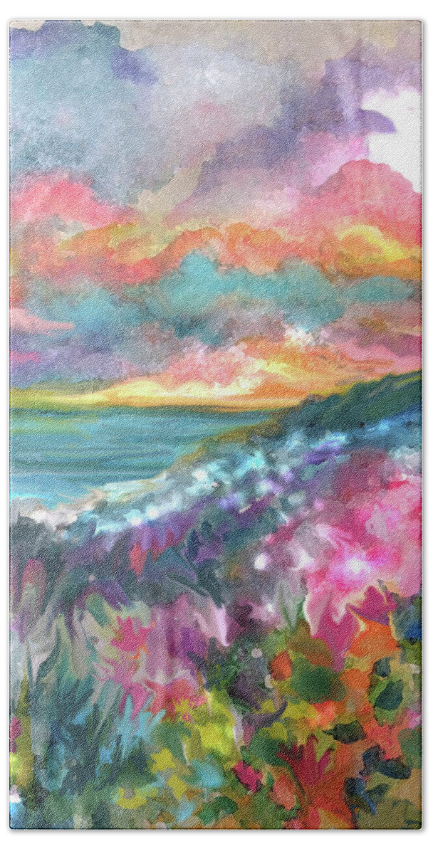 Colorful Coast Bath Towel featuring the painting Coastal Sunrise by Jean Batzell Fitzgerald