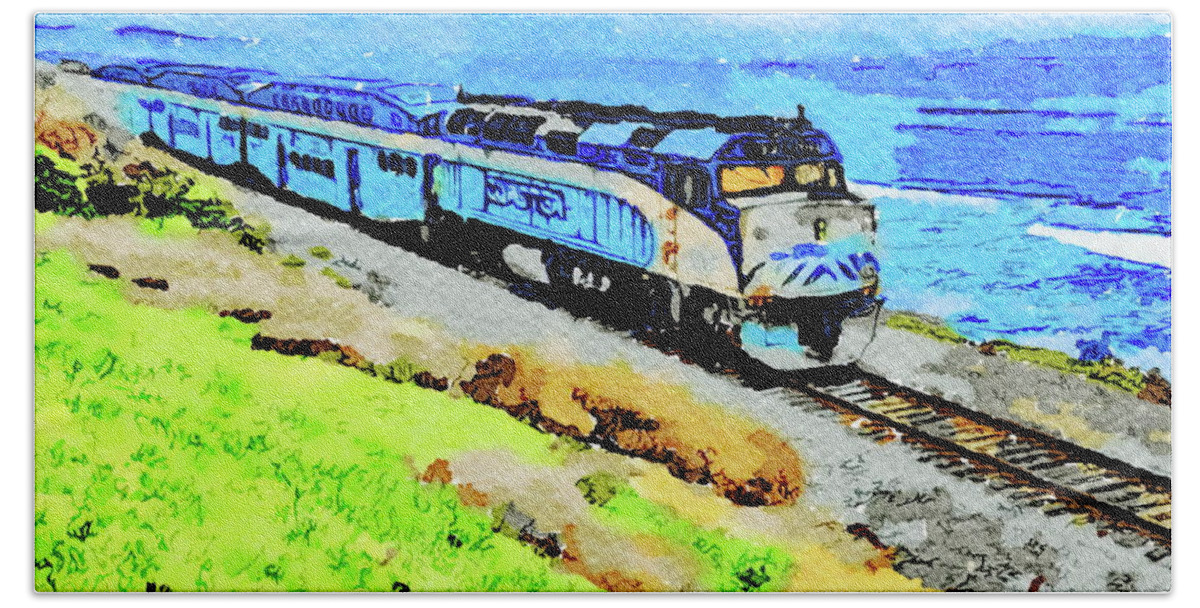 Train Bath Towel featuring the painting Coaster in Del Mar by Russ Harris