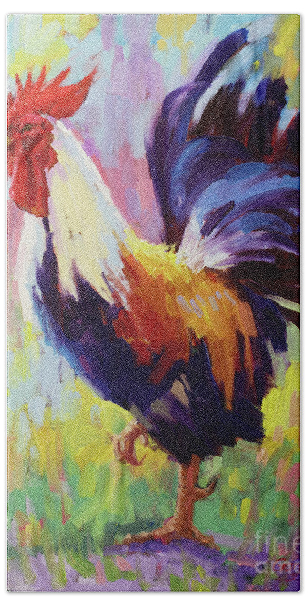 Cock Of The Walk Roosters Original Rooster Oil Painting Gary Modern impressionism paintings Impressionistic Rooster Oil Painting Original Oil Painting Impressionism Impressionist Techniques Impressionist Style painting oil on Canvas Chicken Nature Feathers Proudness Rooster The Proud Rooster Walks Through The Tall Grass In Search Hens Animal Styles Impressionism Rooster farm chicken Art Impressionist Landscape Richly Colored Textured Paint Stroke Unique  proud Rooster country Farm Bath Towel featuring the painting Cock of the Walk by Gary Kim