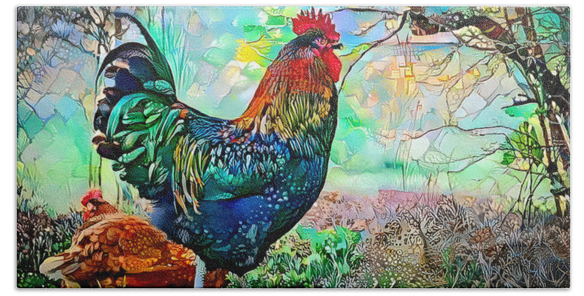 Rooster Hand Towel featuring the mixed media Cogburn and the Mrs. by Debra Kewley