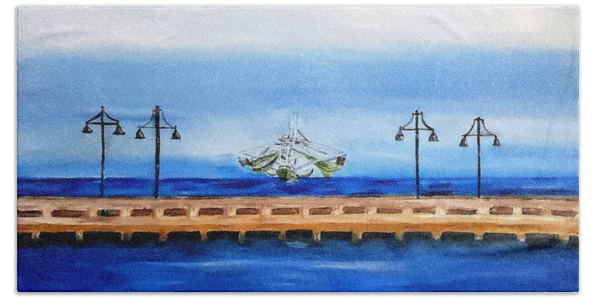 Shrimpboat Hand Towel featuring the painting Cold Escape by Linda Cabrera