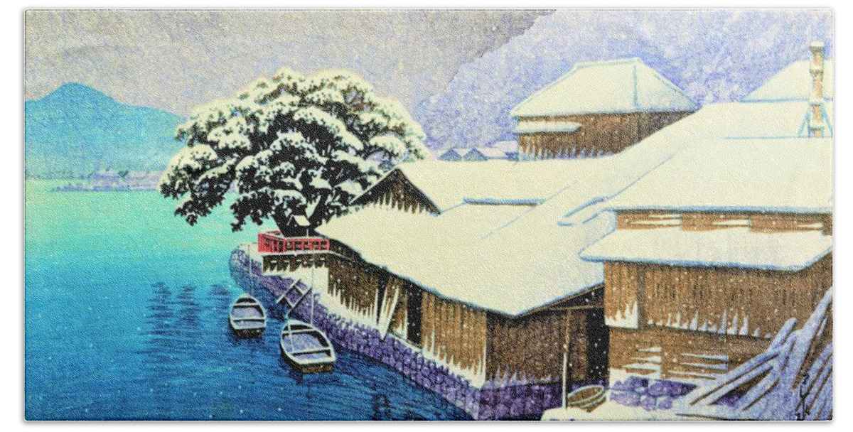 Kawase Hasui Bath Towel featuring the painting Collection of Scenic Views of Japan, Eastern Japan Edition, Ishinomaki in Snow by Kawase Hasui