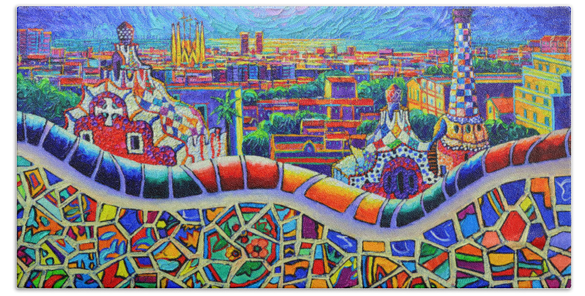 Barcelona Hand Towel featuring the painting COLORFUL BARCELONA PARK GUELL MAGIC NIGHT BY MOON palette knife oil painting by Ana Maria Edulescu by Ana Maria Edulescu