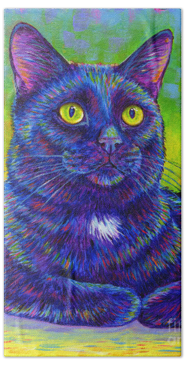 Black Cat Hand Towel featuring the painting Colorful Black Cat Portrait by Rebecca Wang