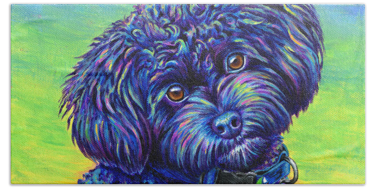 Poodle Bath Towel featuring the painting Opalescent - Black Toy Poodle by Rebecca Wang