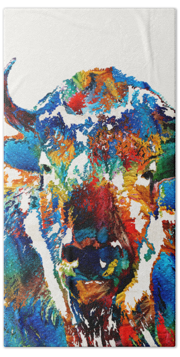 Buffalo Bath Towel featuring the painting Colorful Buffalo Art - Sacred - By Sharon Cummings by Sharon Cummings