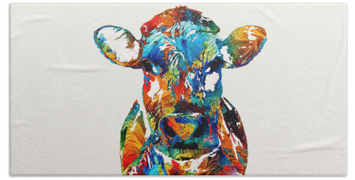 Bull Hand Towel featuring the painting Colorful Cow Art - Mootown - By Sharon Cummings by Sharon Cummings