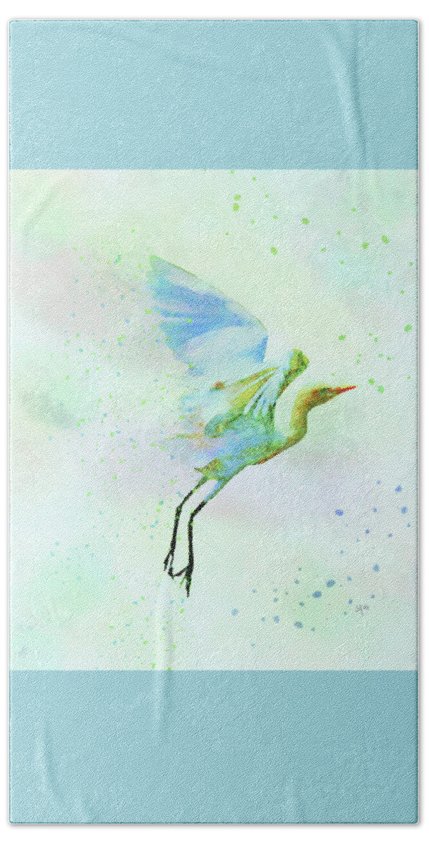Colorful Bath Towel featuring the digital art Colorful Crane Watercolor Bird Wildlife Painting by Shelli Fitzpatrick
