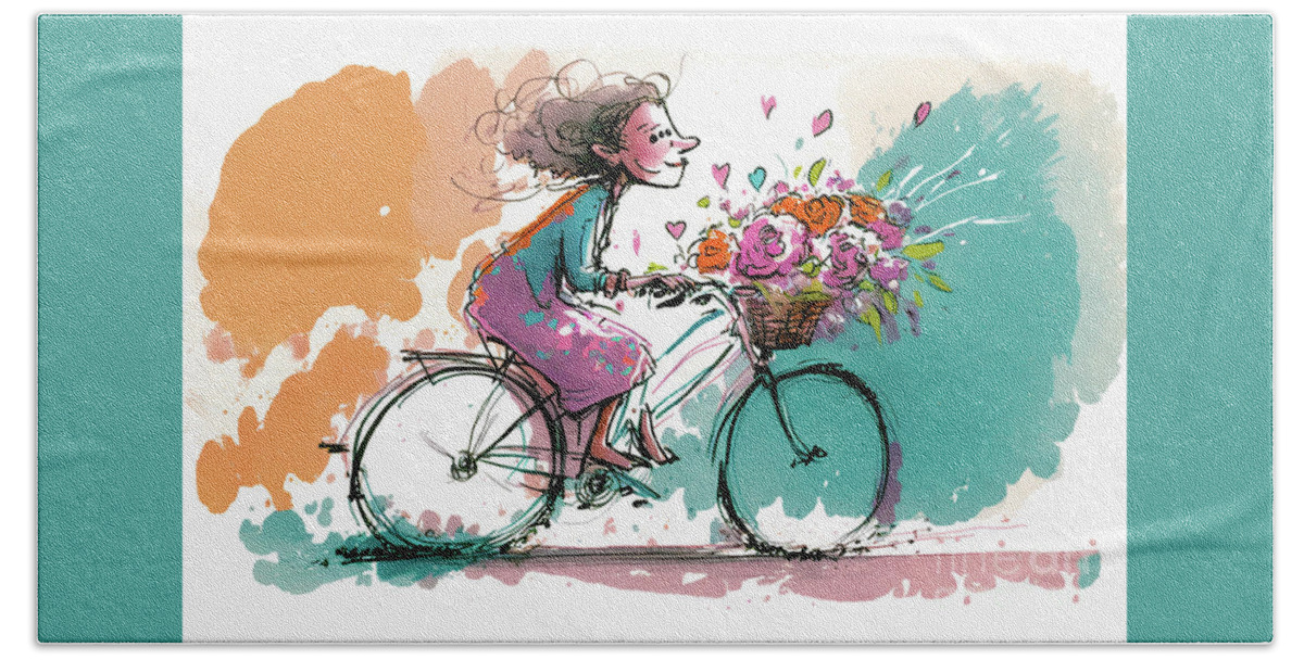 Singer Bath Towel featuring the digital art Colorful Cyclist by Glenn Robins