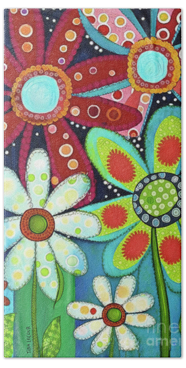 Daisy Flowers Hand Towel featuring the painting Colorful Flower Power by Tina LeCour