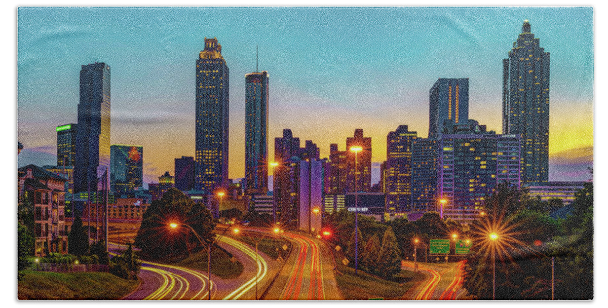 Atlanta Skyline Hand Towel featuring the photograph Colorful Georgia Morning - Atlanta Skyline from Jackson Street Bridge Panorama by Gregory Ballos
