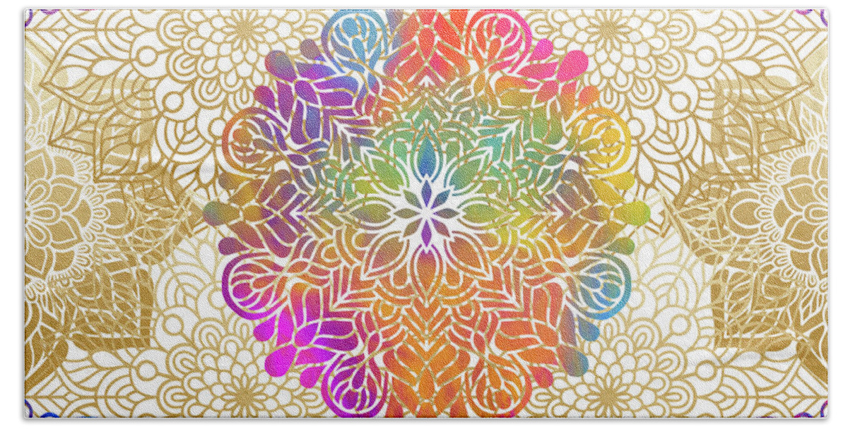 Mandala Hand Towel featuring the digital art Colorful Gold Mandala Pattern by Sambel Pedes
