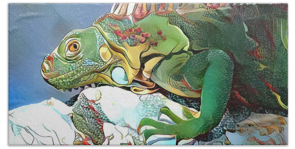 Iguana Bath Towel featuring the mixed media Colorful Iguana by Debra Kewley