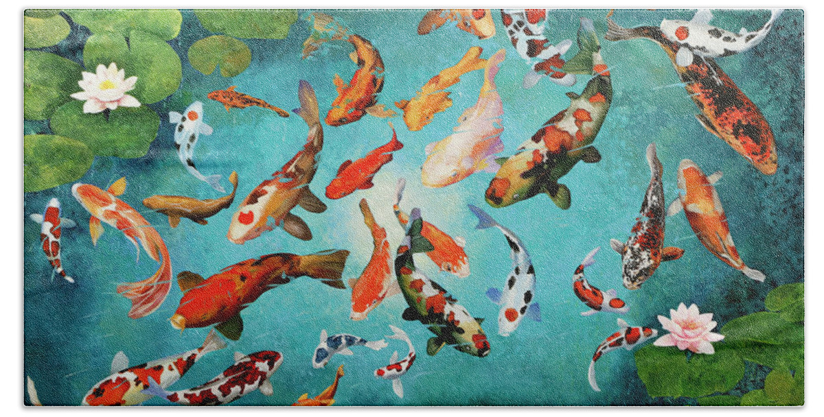  Carp Koi Hand Towel featuring the painting Colorful Koiscape by Guido Borelli