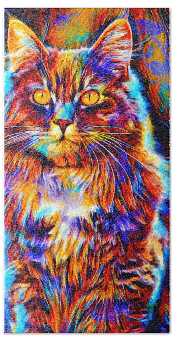 Maine Coon Bath Towel featuring the digital art Colorful Maine Coon cat sitting - digital painting by Nicko Prints