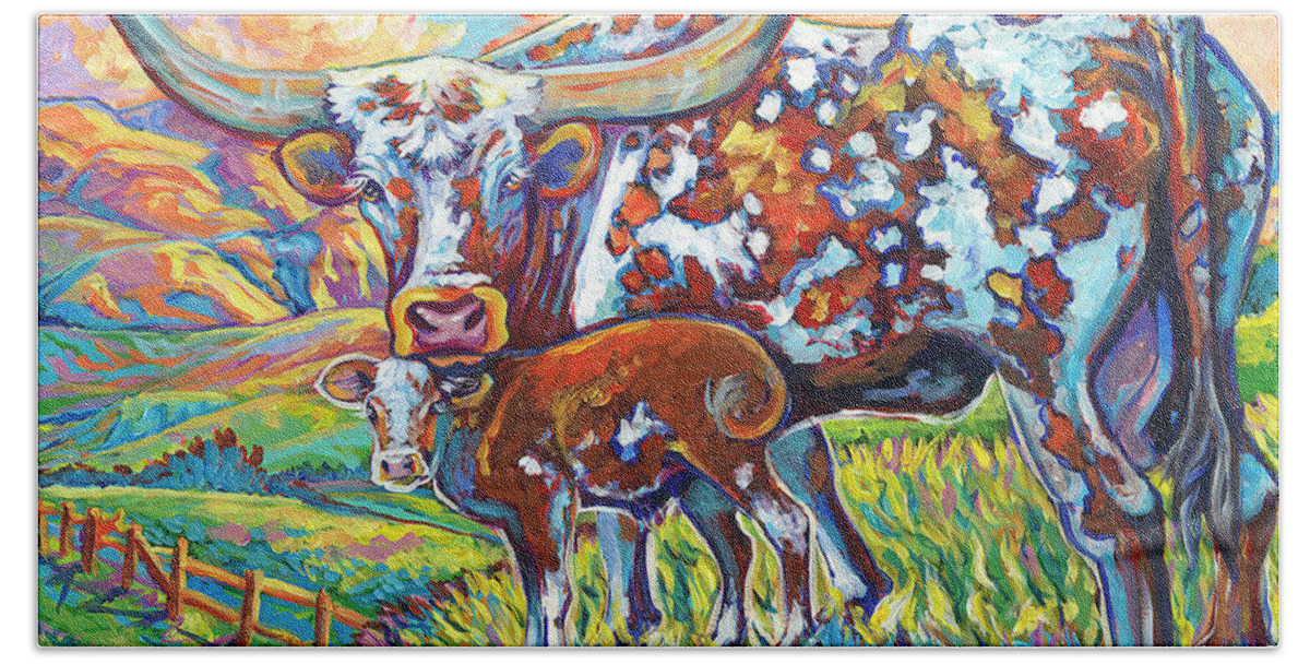 Cow Hand Towel featuring the painting Colorful momma by Jenn Cunningham