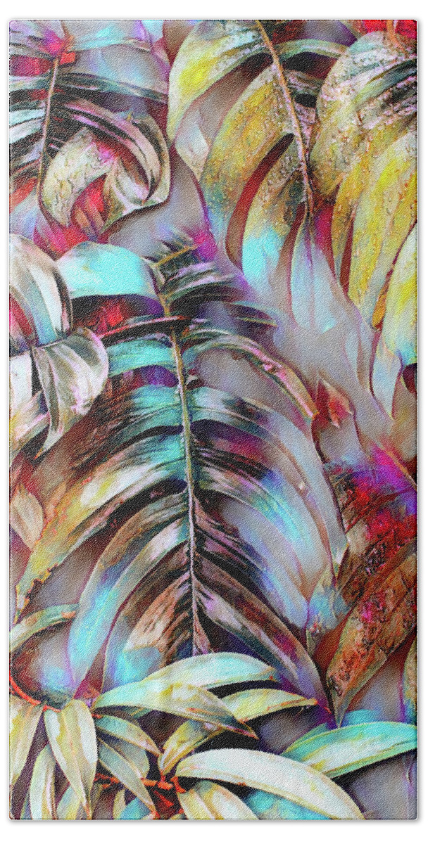 Palm Hand Towel featuring the painting Colorful palm leaves abstract by Patricia Piotrak