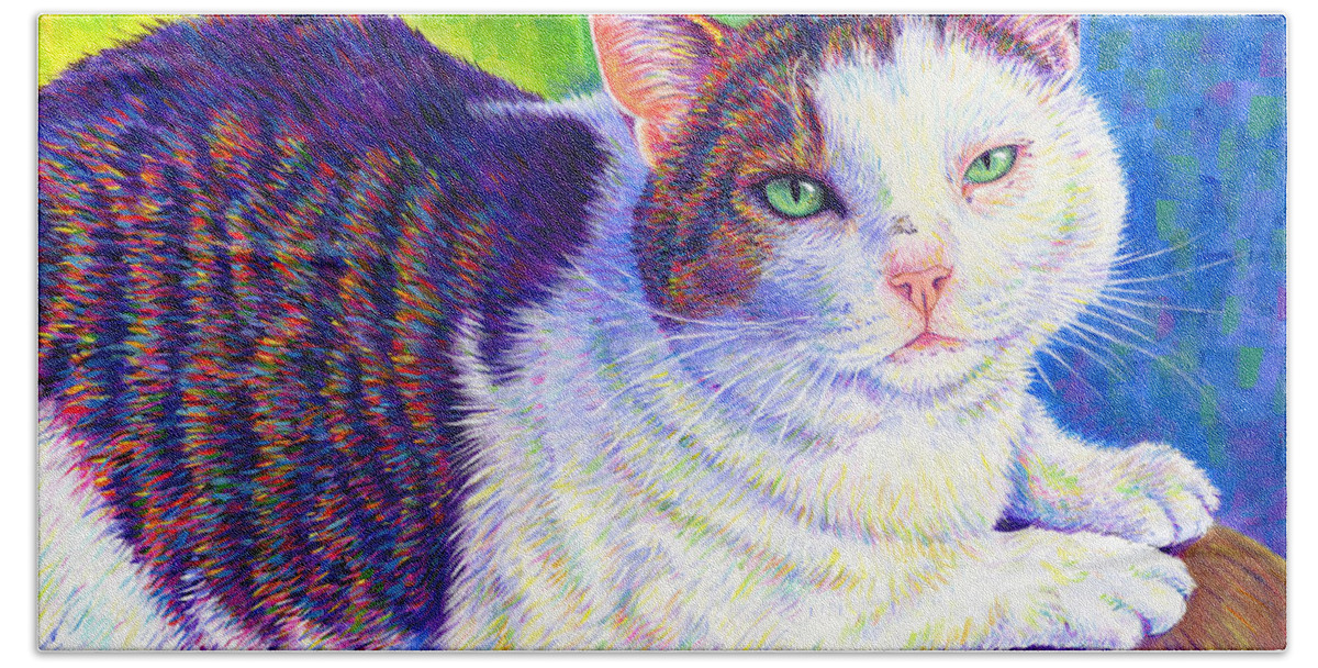 Cat Hand Towel featuring the painting Colorful Pet Portrait - MC the Cat by Rebecca Wang