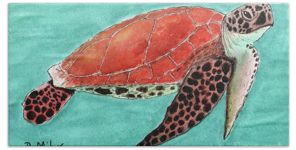 Sea Turtle Bath Towel featuring the painting Colorful Sea Turtle in Blue Green Water by Donna Mibus