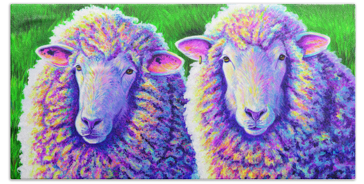 Sheep Hand Towel featuring the painting Colorful Sheep Portrait - Charlie and Curtis by Rebecca Wang