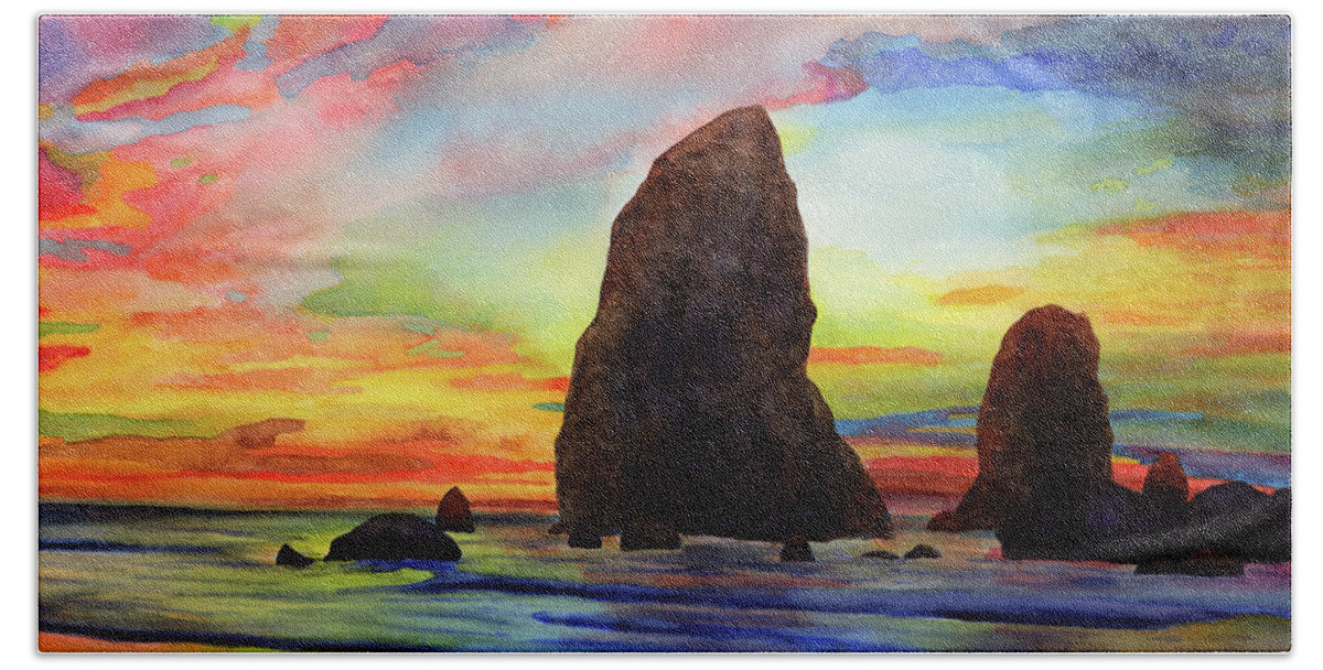 Sunset Hand Towel featuring the painting Colorful Solitude - Cannon Beach by Hailey E Herrera