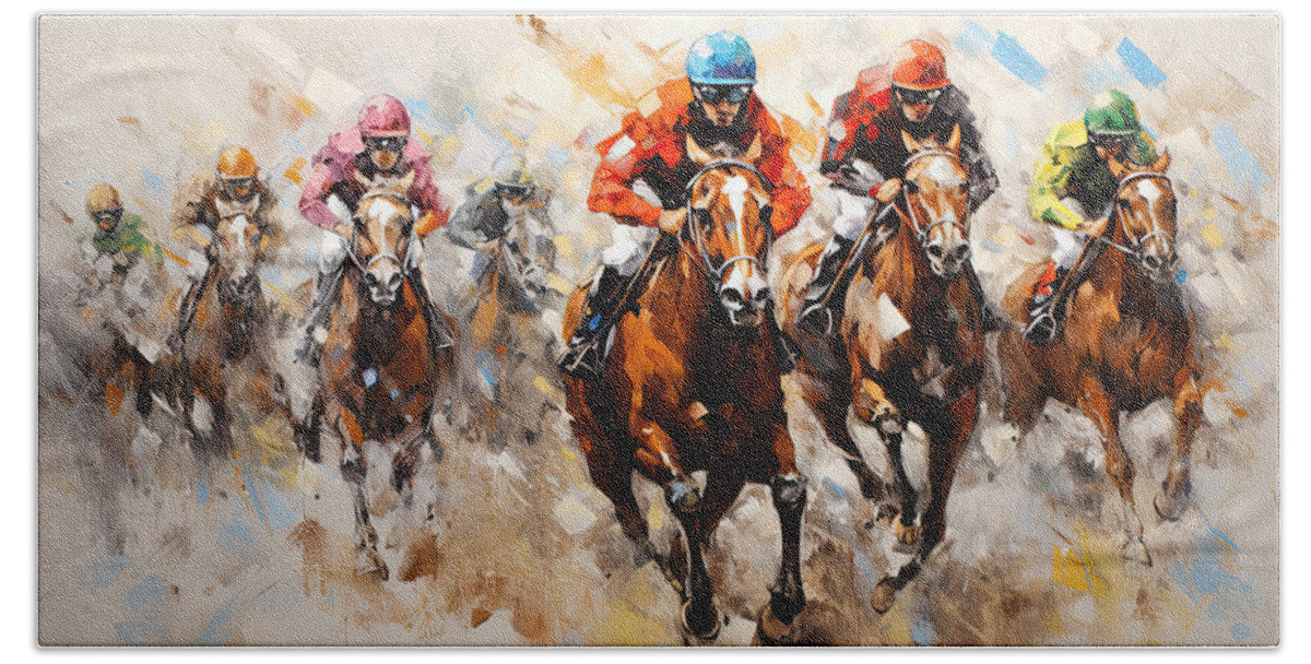 Horse Racing Hand Towel featuring the painting Colorful Spectacle by Lourry Legarde