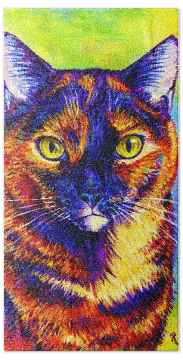 Cat Hand Towel featuring the painting Colorful Tortoiseshell Cat by Rebecca Wang