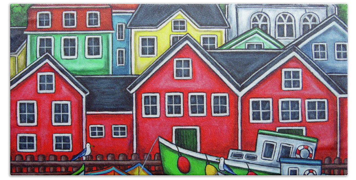 Nova Scotia Hand Towel featuring the painting Colours of Lunenburg by Lisa Lorenz