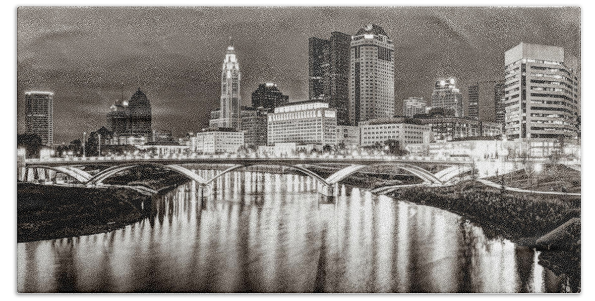 America Hand Towel featuring the photograph Columbus Capitol City Skyline Panorama Over The Scioto - Sepia Edition by Gregory Ballos