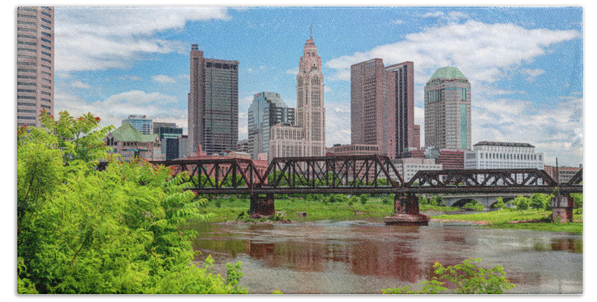 Columbus Skyline Hand Towel featuring the photograph Columbus Skyline Panorama From North Bank Park by Gregory Ballos