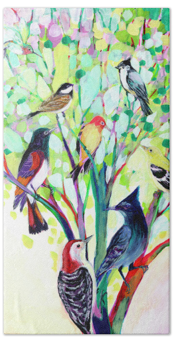 Bird Hand Towel featuring the painting Coming Together by Jennifer Lommers