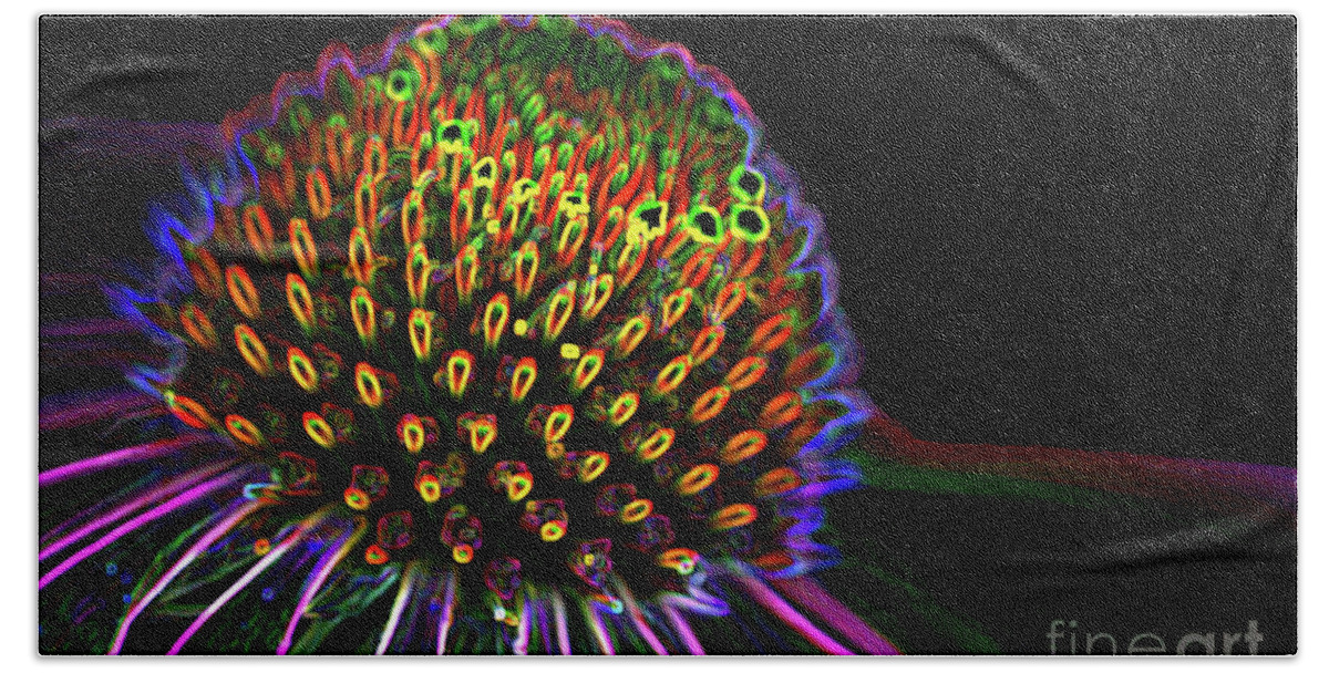 Coneflower; Echinacea; Flower; Blossom; Flower; Flowers; Petals; Close-up; Macro; Purple; Green; Violet; Glow; Neon; Horizontal; Garden; Spring Bath Towel featuring the digital art Coneflower Glow by Tina Uihlein