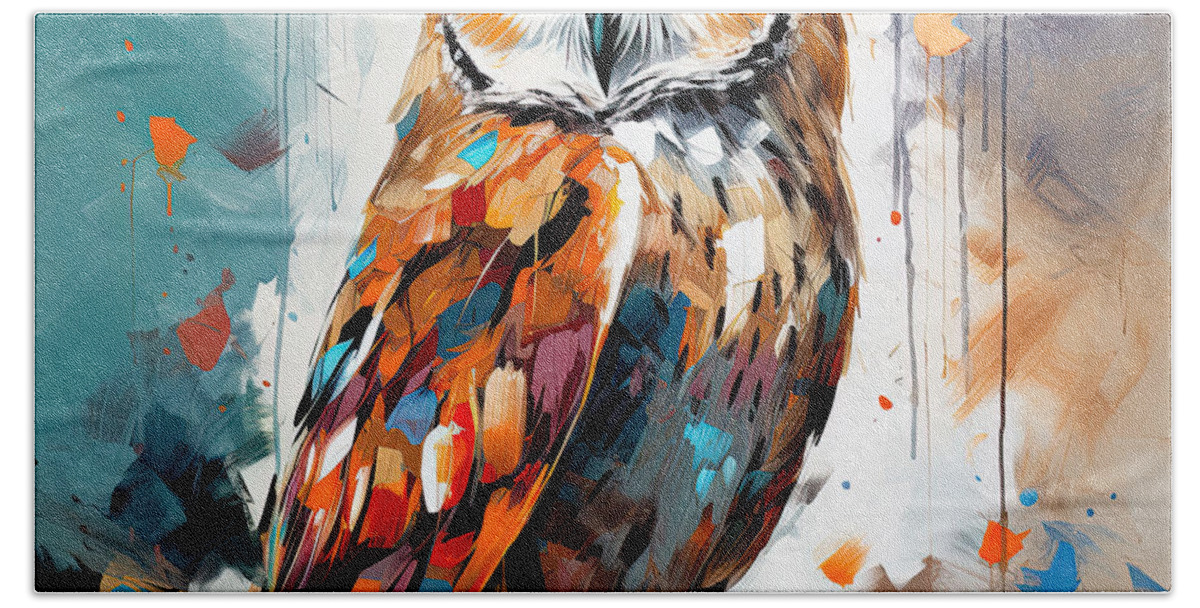 White Owl Hand Towel featuring the painting Contemplation - Turquoise and Orange by Lourry Legarde