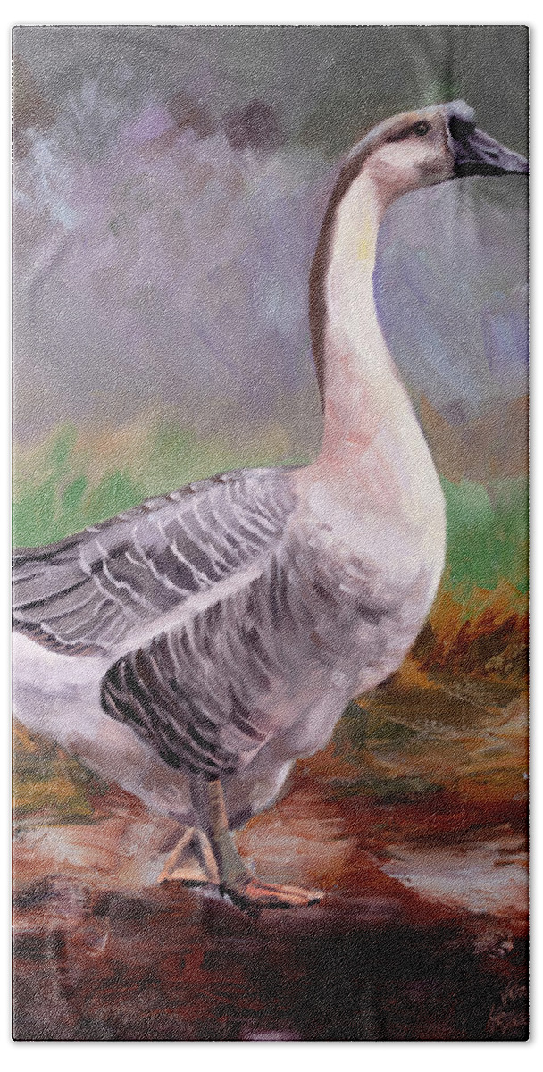 Goose Hand Towel featuring the painting Contemplative Goose by Jordan Henderson