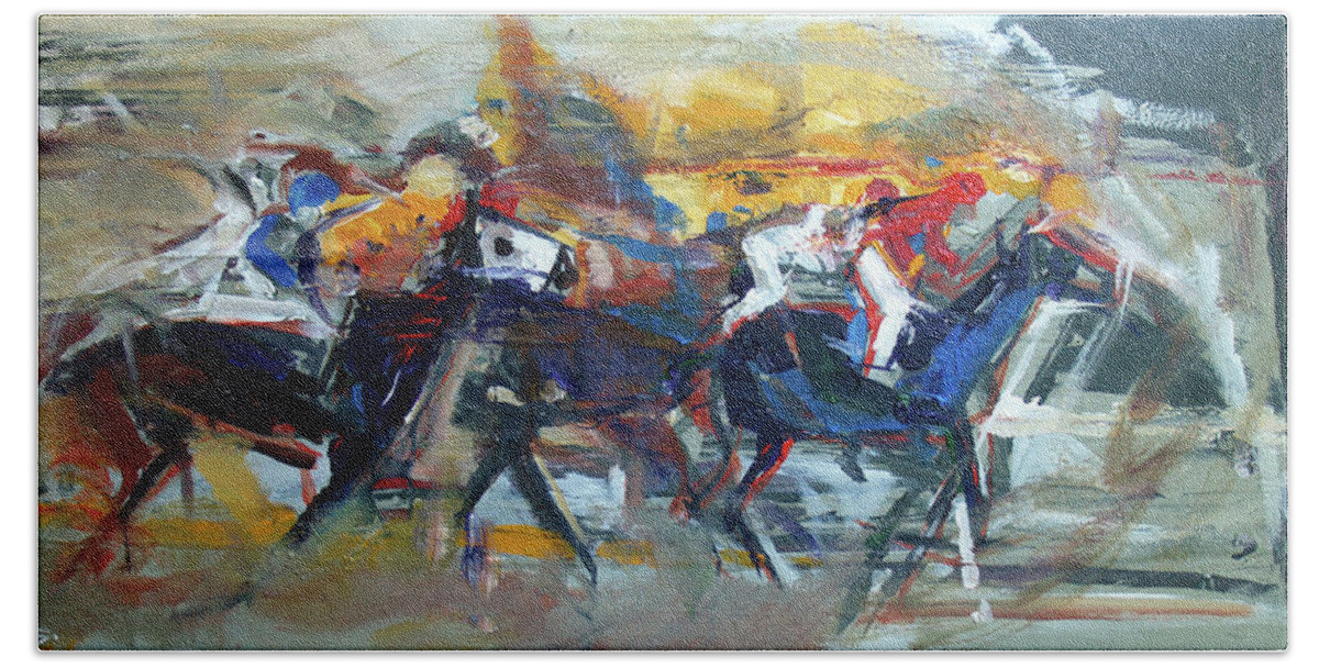 Kentucky Horse Racing Bath Towel featuring the painting Controlled Chaos by John Gholson