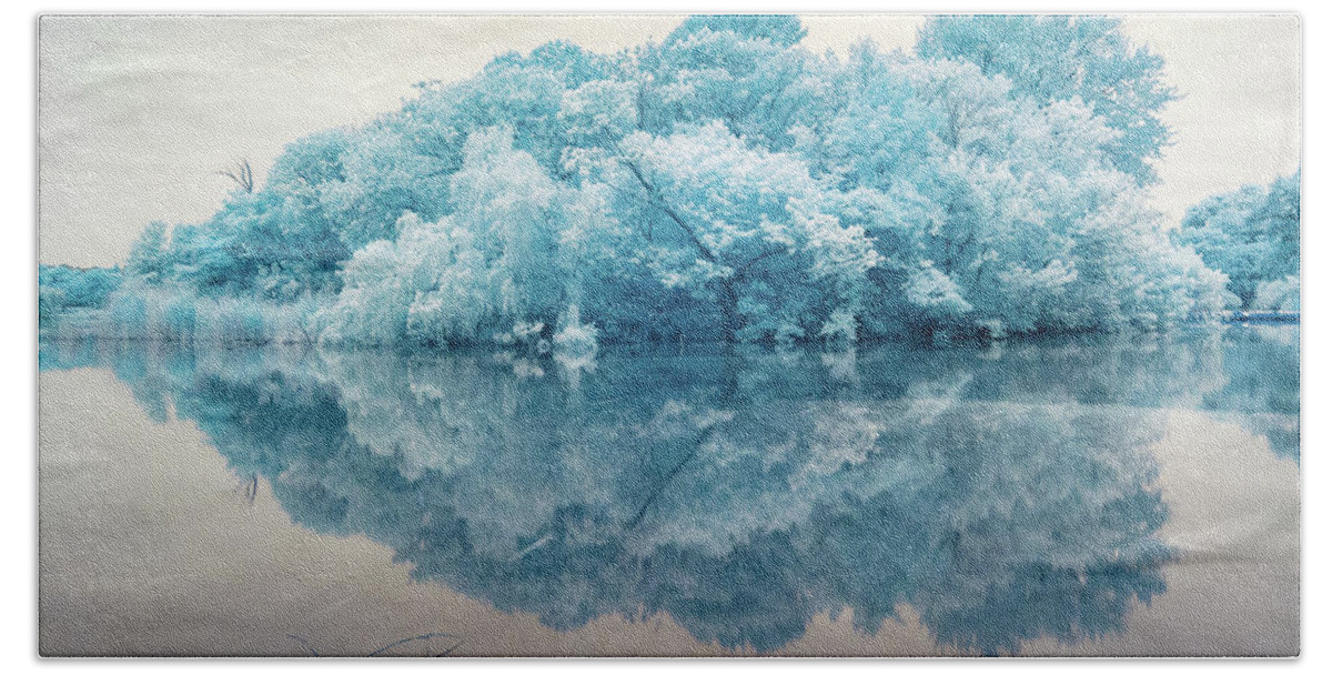 Reflection Bath Towel featuring the photograph Cool Blue Forest in Brooklyn, NY by Auden Johnson