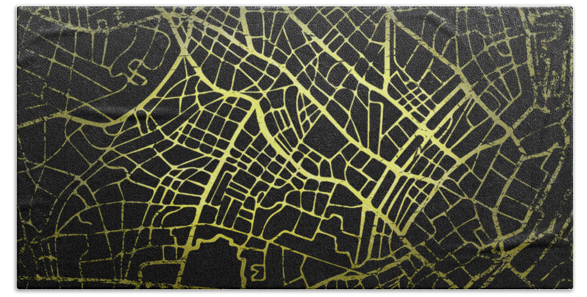 Map Bath Towel featuring the digital art Copenhagen Map in Gold and Black by Sambel Pedes