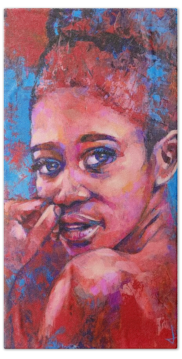 Bold Portrait Painting Bath Towel featuring the painting Corageous by Luzdy Rivera