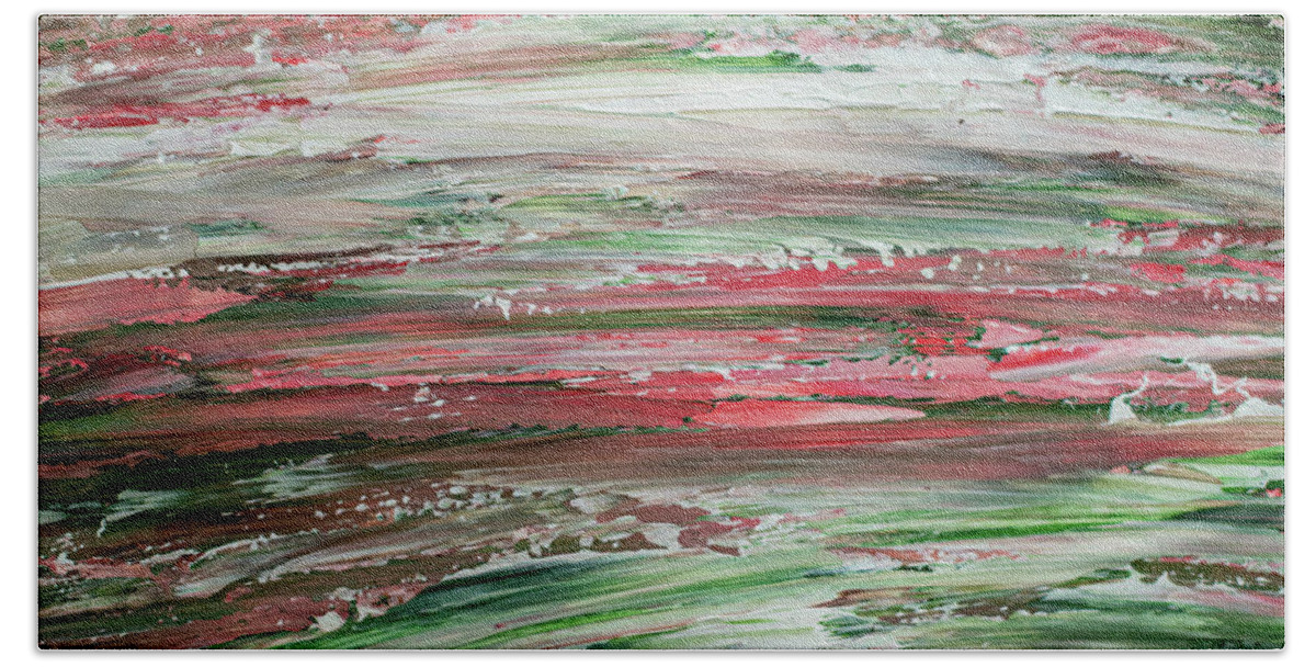 Texture Bath Towel featuring the painting Coral And Green Textured Painting by Amelia Pearn