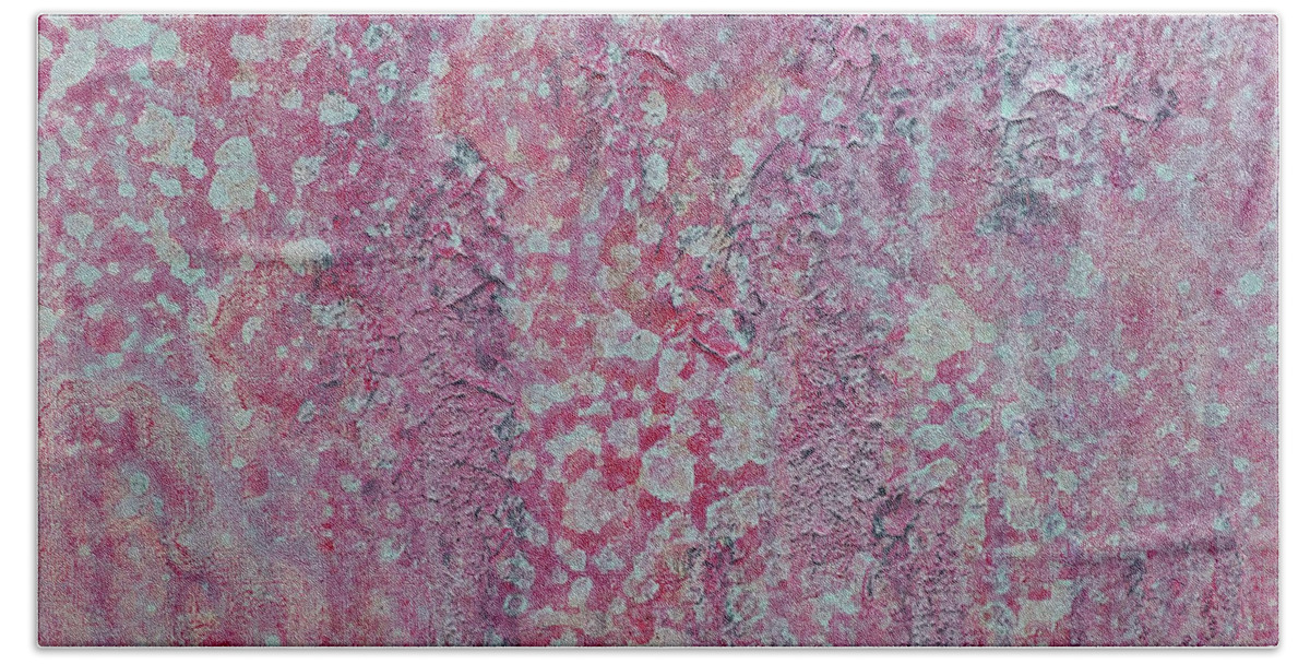 Pink Hand Towel featuring the painting CORAL BELLS Flowers Abstract in Pink Purple Aqua Blue by Lynnie Lang