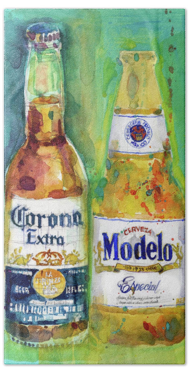 Beer Hand Towel featuring the painting Corona and Modelo by Dorrie Rifkin