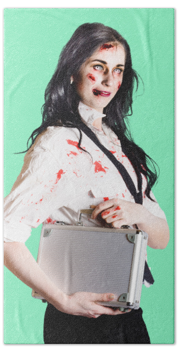 Horror Bath Towel featuring the photograph Corps zombie businesswoman by Jorgo Photography