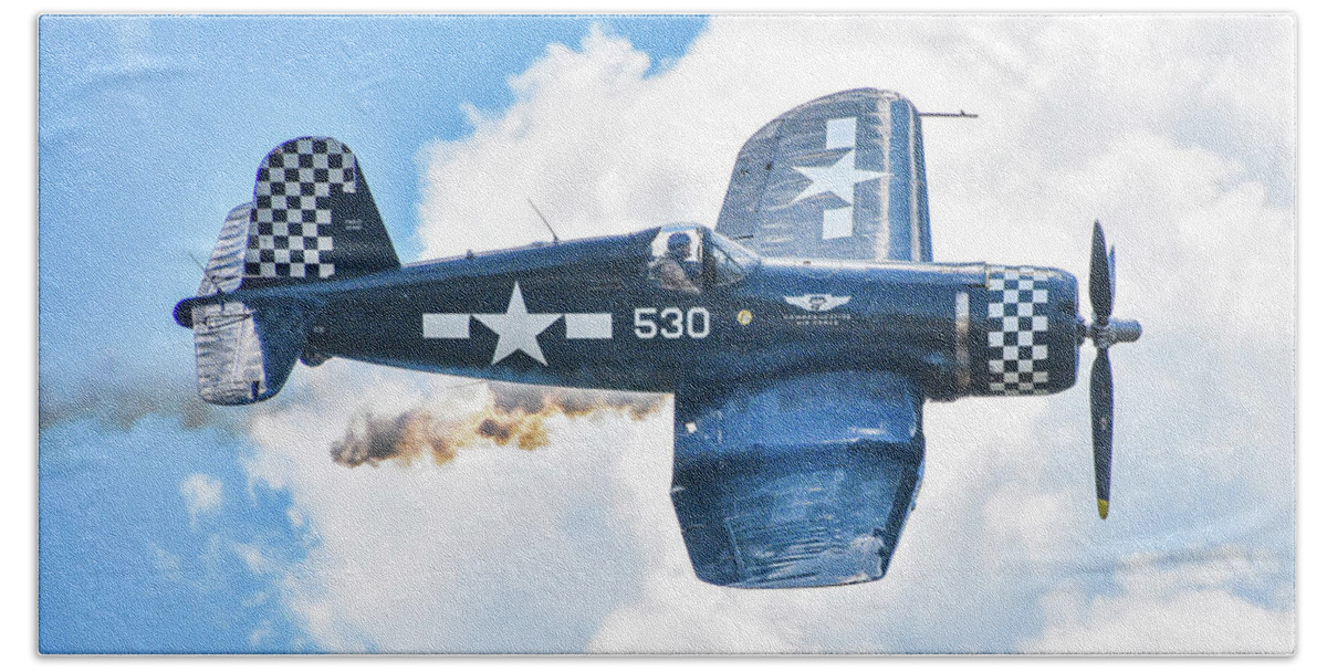 Aircraft Bath Towel featuring the photograph Corsair in the Clouds by Ed Stokes