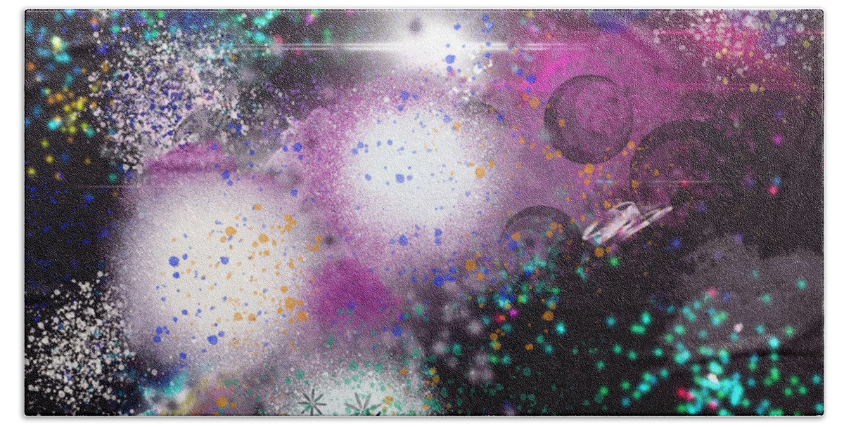Primitive Impressionistic Expressionism Bath Towel featuring the digital art Cosmic Explosions by Zotshee Zotshee