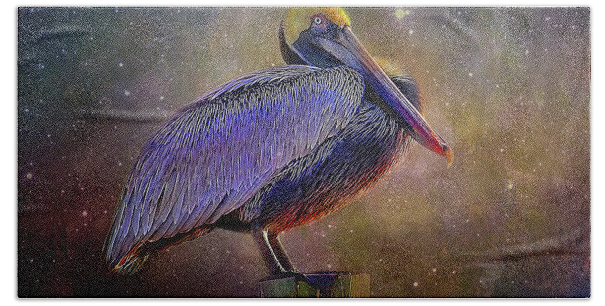 Brown Pelican Bath Towel featuring the photograph Cosmic Pelican by HH Photography of Florida