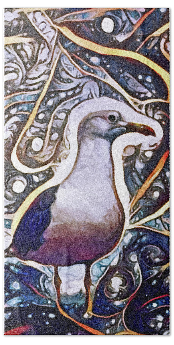 Cosmic Seagull Bath Towel featuring the pastel Cosmic Seagull by Susan Maxwell Schmidt