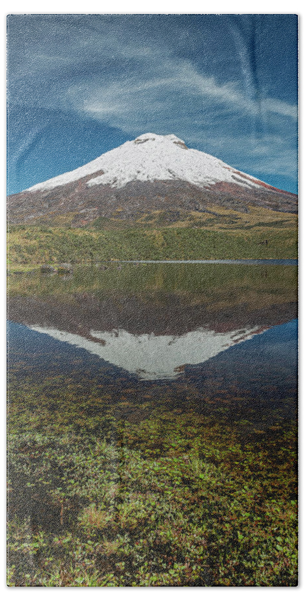Andes Hand Towel featuring the photograph Cotopaxi and his reflection by Henri Leduc