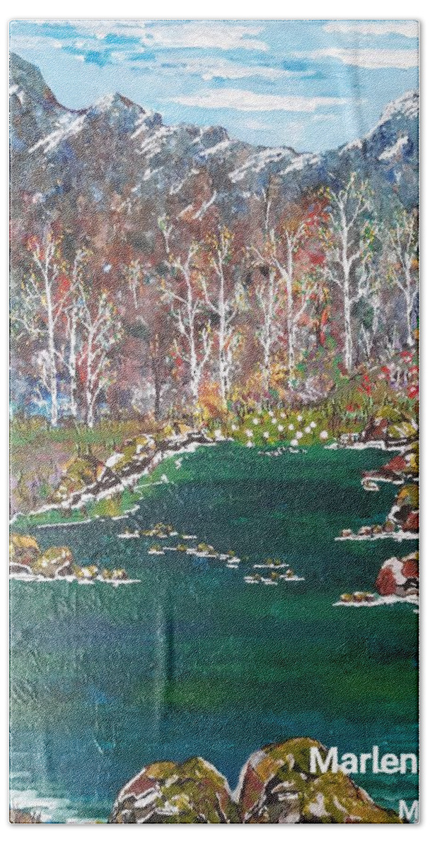 Landscape Bath Towel featuring the painting Cottage At Green Lake by Marlene Moore